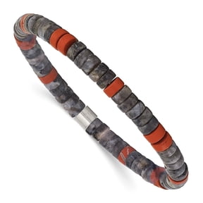 Diamond2Deal Stainless Steel Brushed Spectrolite and Red Natural Stone Beaded Stretch Bracelet for Women 7.25"