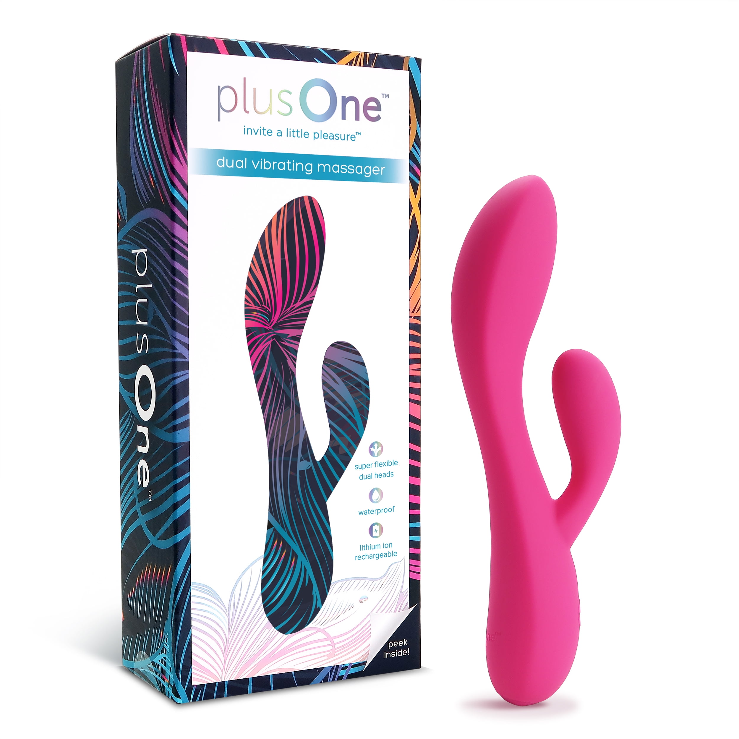plusOne Dual Rabbit Soft Touch Silicone Vibrator Massager, 10 Vibration Settings, Waterproof, Pink