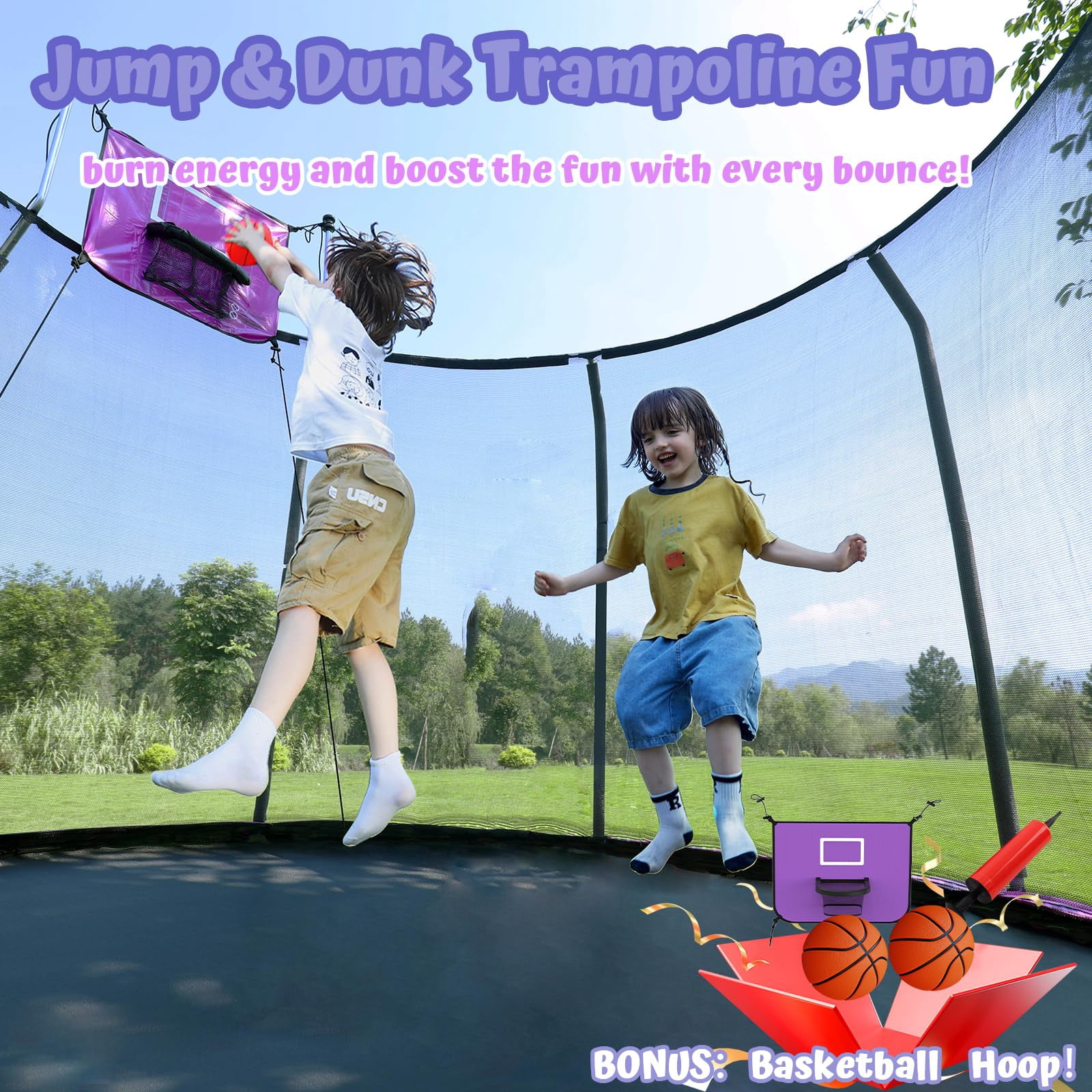 ACWARM HOME 2025 NewTrampoline 15FT Premium Purple Trampoline with Basketball Hoop and LED Lights Recreational Trampolines for Kids and Adults with Net and Ladder