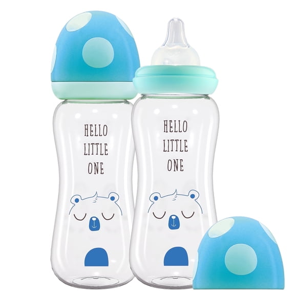 YOHKOH 8.8 oz Glass Bottle,AirFree Vent,for Mixed/Breastfeeding,Blue,2pk
