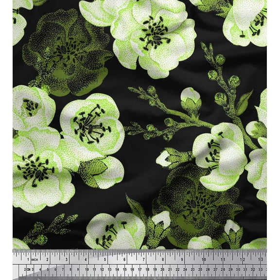 Soimoi Green Cotton Duck Fabric Pink Floral Print Fabric by The Yard 42 Inch Wide