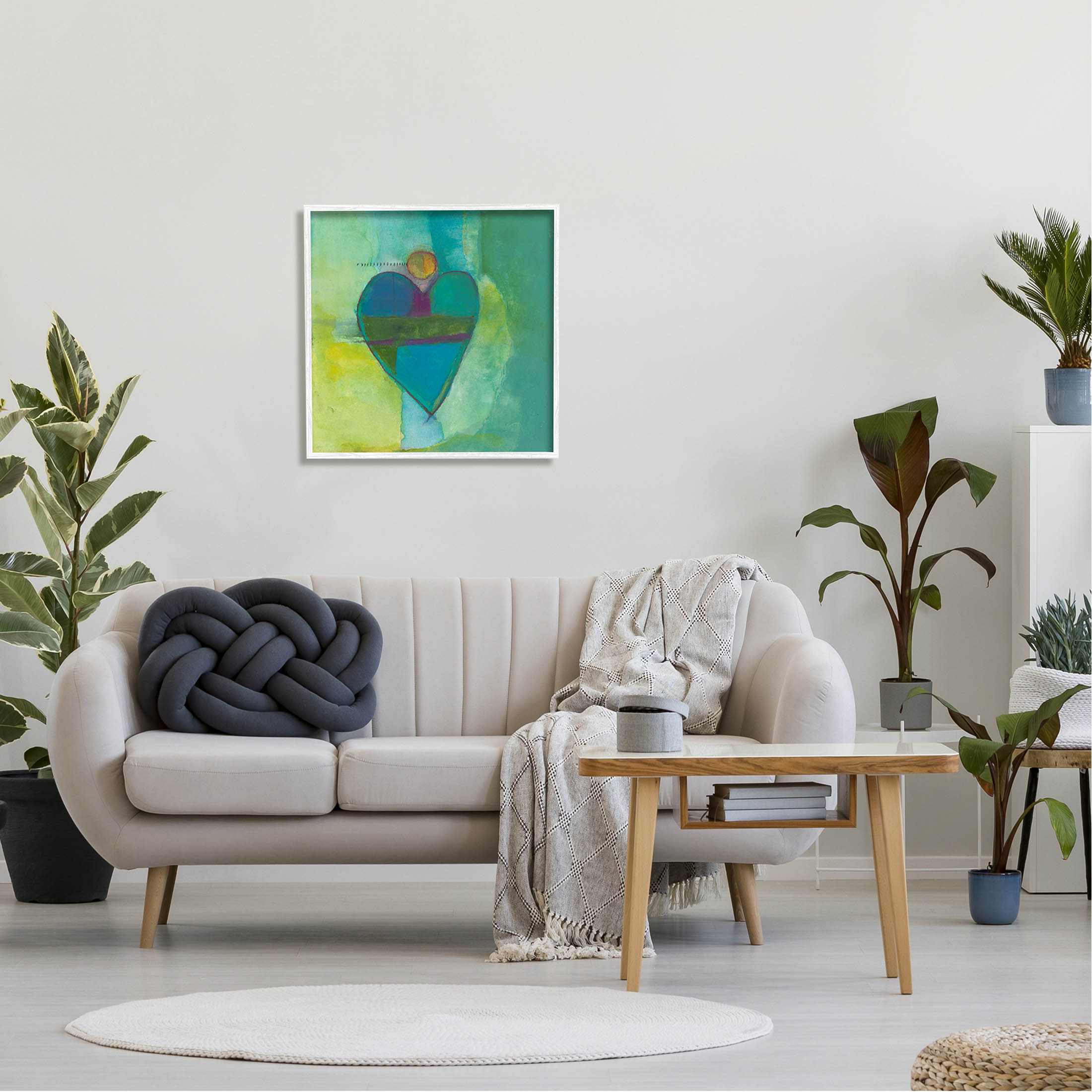 Green Vivid Heart Shape Abstract Painting White Framed Art Print Wall Art