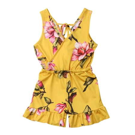 

Summer Kids Baby Girls Boho Floral Romper Sleeveless Flowers V-Neck Ruffles Shorts Playsuits