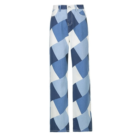 Women High Waist Wide Leg Baggy Jeans Vintage Contrast Color Argyle Print Pants Straight Trousers