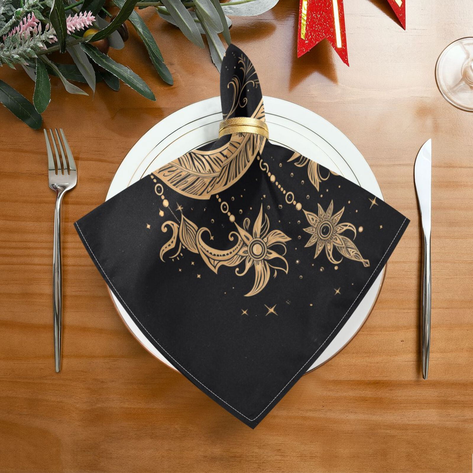 JSTEL Cresent Moon Dreamcatcher Witchy Cloth Napkins Set of 6, 20x20 Inch Washable and Reusable Napkin for Decoupage Dinner Party Everyday Use