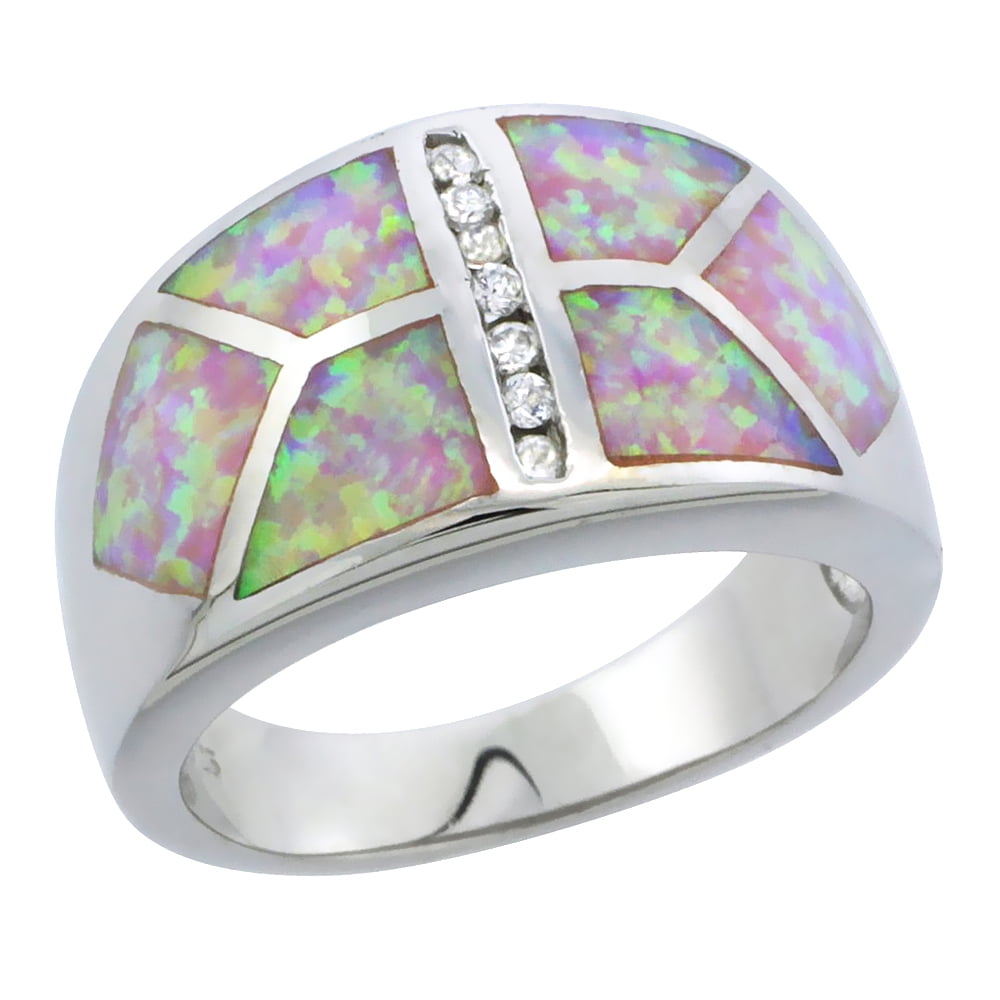 Sterling Silver Synthetic Pink Opal Dome Ring Cubic Zirconia Accent, 1 2 inch by WorldJewels