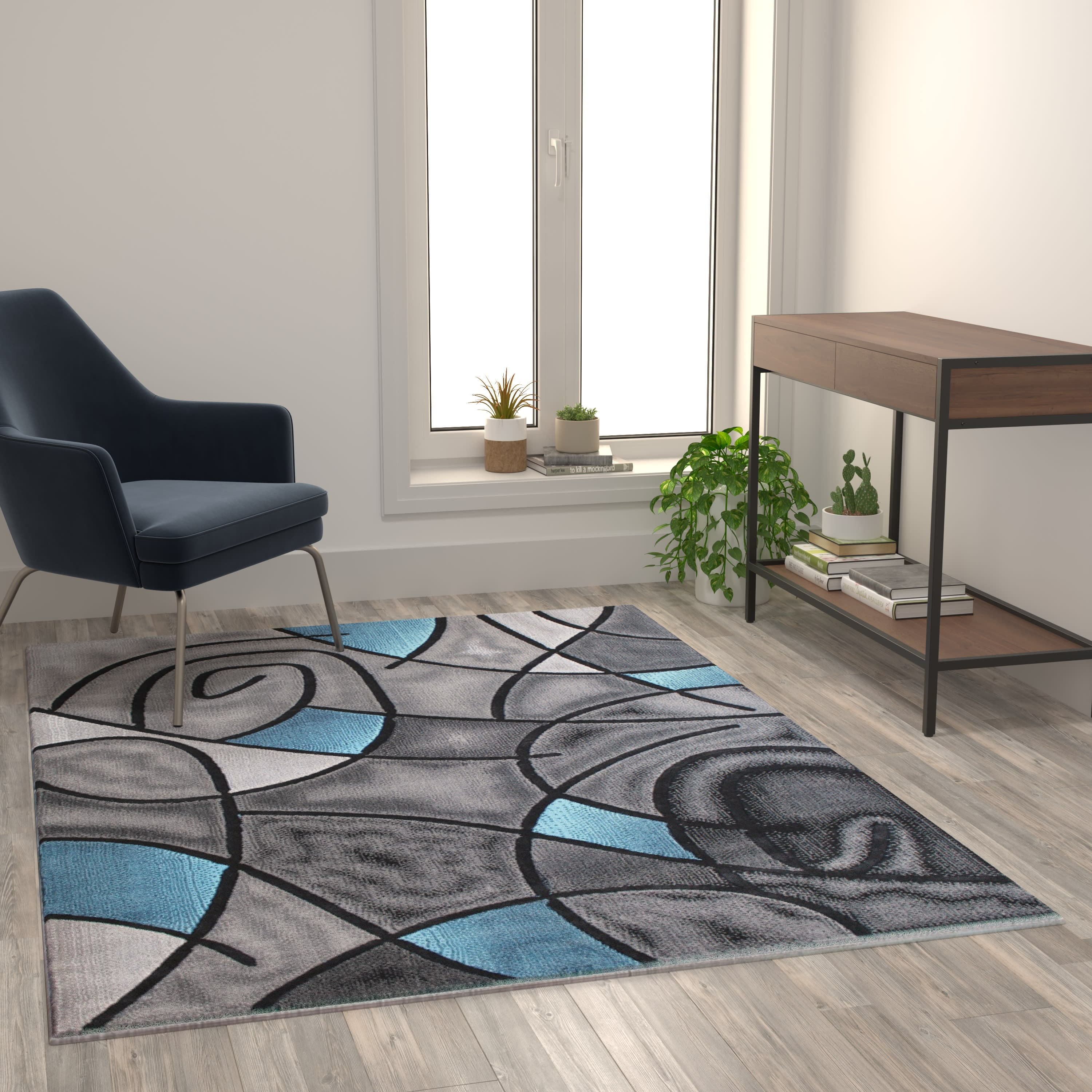 Flash Furniture ACD-RGTRZ860-55-BL-GG 5 x 5 ft. Jubilee Collection Abstract Round Area Rug Blue