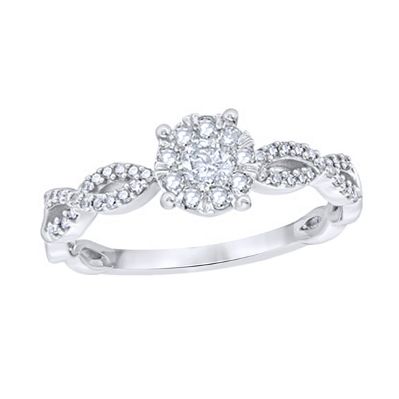 Round Cut White Natural Diamond Frame Twist Shank Engagement Ring in 10k White Gold (0.37 Cttw)