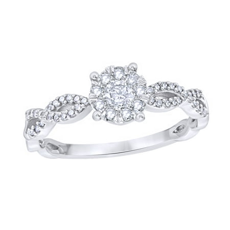- Round Cut White Natural Diamond Frame Twist Shank Engagement Ring in 10k White Gold (0.37 Cttw)