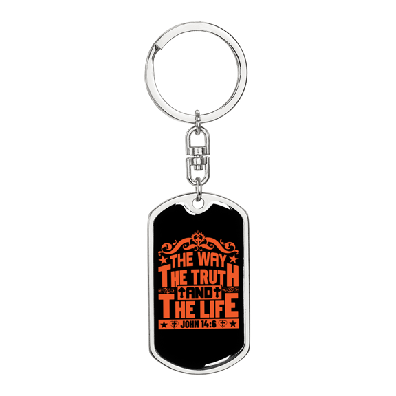 The Way John 14:6 Orange Stainless Steel or 18k Gold Premium Swivel Dog Tag Keychain
