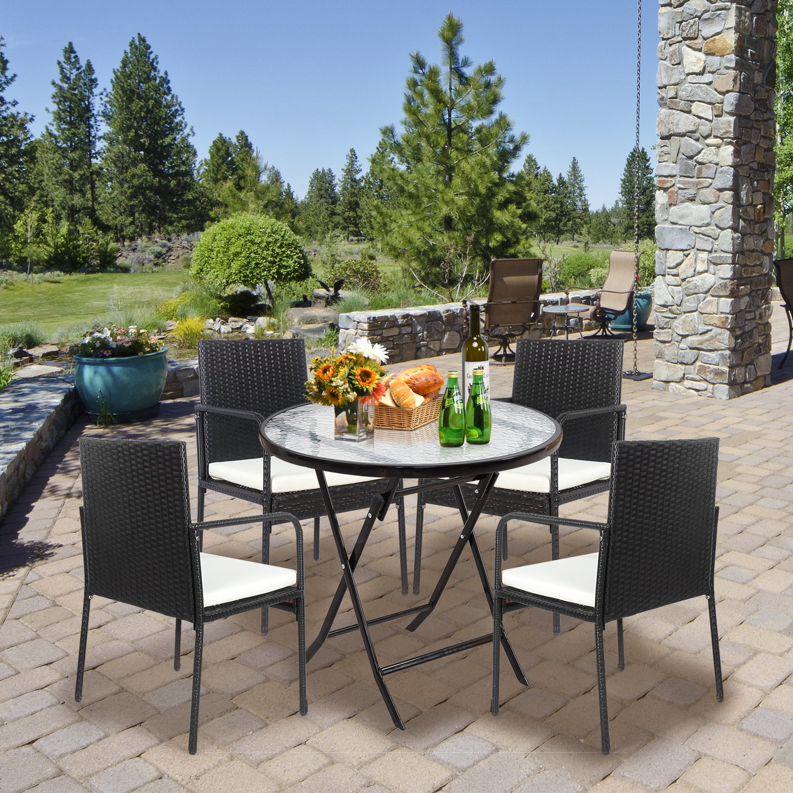 Patiojoy 4 PCS Patio Wicker Rattan Dining Chairs Outdoor Arm Cushioned Seats Armrest Garden