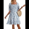 thumbnail image 1 of Vestido Informal de Verano para Mujer, Corta, Cuello Cuadrado, Fruncido, Estilo Bohemio, Floral, Minivestido Fluido de Corte A Azul L, 1 of 7