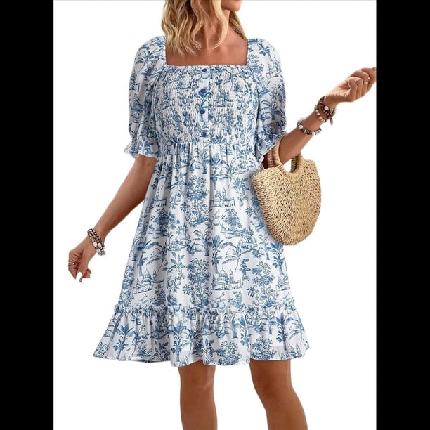 Vestido Informal de Verano para Mujer, Corta, Cuello Cuadrado, Fruncido, Estilo Bohemio, Floral, Minivestido Fluido de Corte A Azul M
