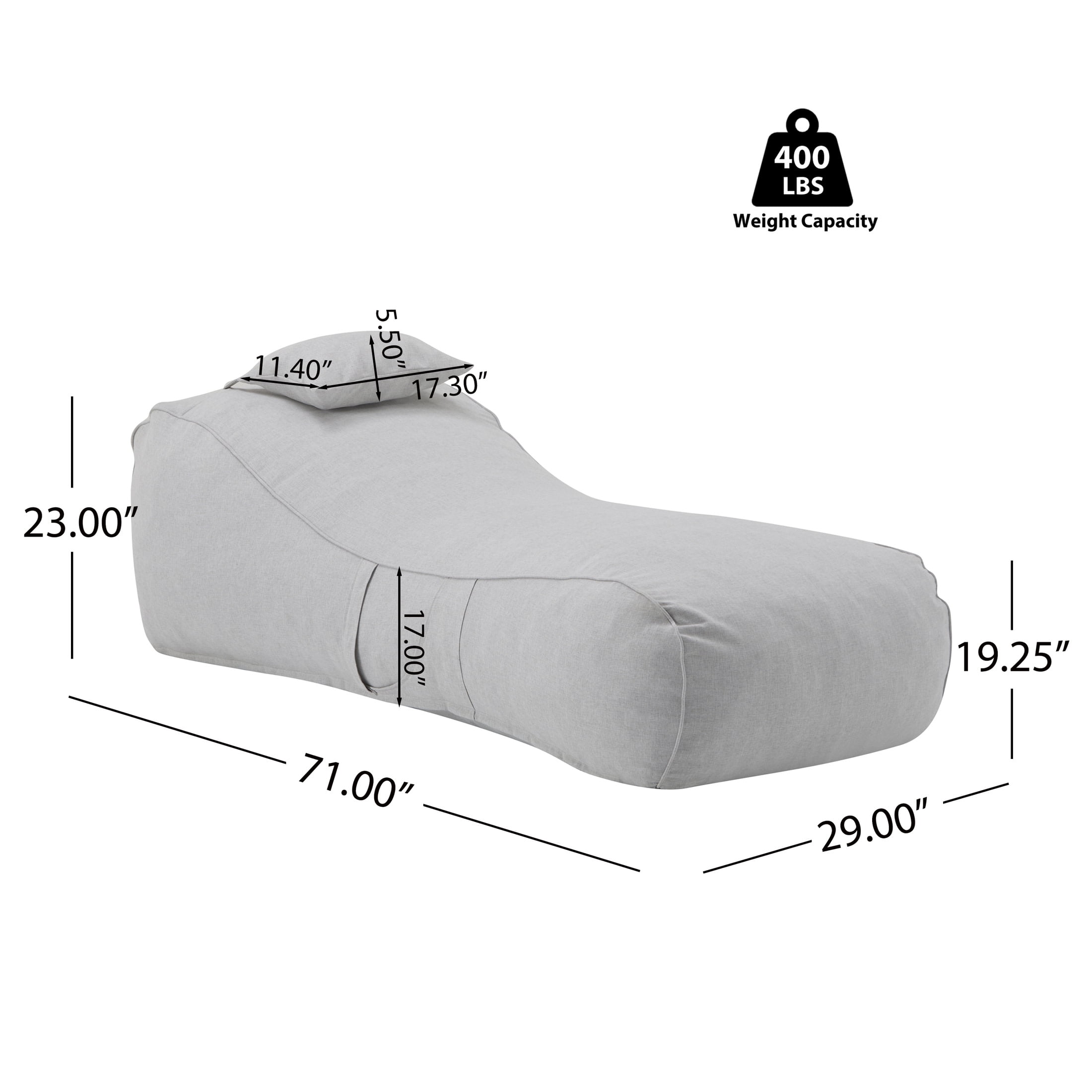 Christopher Knight Home 71" Outdoor Bean Bag Lounge Chair with Headrest Pillow, Plush Foam Fill, Light Gray