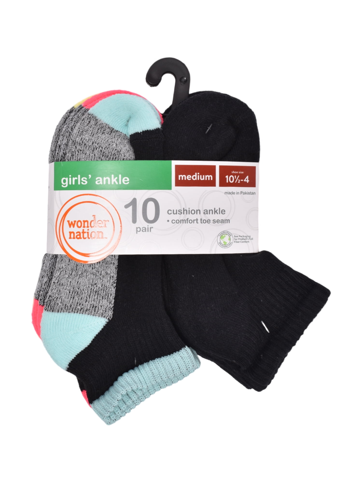 Wonder Nation Girls Cushioned Ankle Socks, 10-Pack