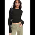 thumbnail image 3 of Tops Cortos Ajustados para Mujer para Salir, Informales, de Color Liso, con Cuello Redondo, Larga, Ajustados, Ropa de Calle Básica Negro M, 3 of 8