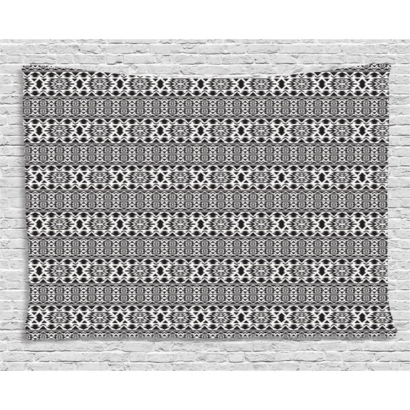 Black and White Tapestry, Folk and National Art Design Mexican Mayan Culture Pattern with Triangles, Wall Hanging for Bedroom Living Room Dorm Decor, 60W X 40L Inches, Black White, by Ambesonne