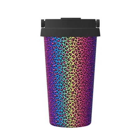 

Xecao Leopard Neon Rainbow Gradient Pattern Insulated Coffee Mug with Handle & Flip Thermos Mug Water Bottle Coffee Tumbler Cup