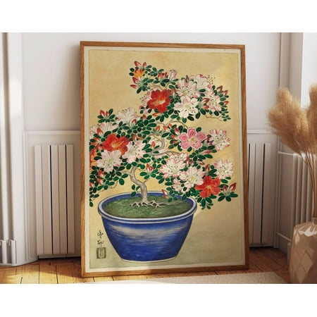 

Japanese Woodblock Print Of Blooming Azalea In Blue Pot By Ohara Koson - Elegant For Home And Office Wall Art Modern Wall Decor 12x18 UNFRAMED