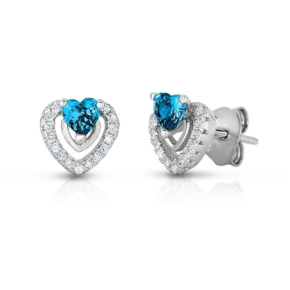 Tilo Jewelry Sterling Silver CZ Halo Heart December Blue Birthstone Stud Earrings for Women & Unisex