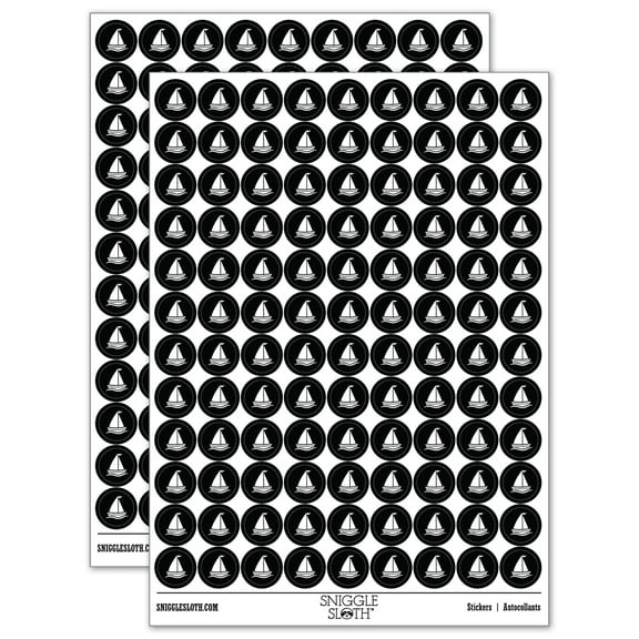 Sailing Sailboat 200 Round Stickers - Black - Gloss Finish - 0.50" Size