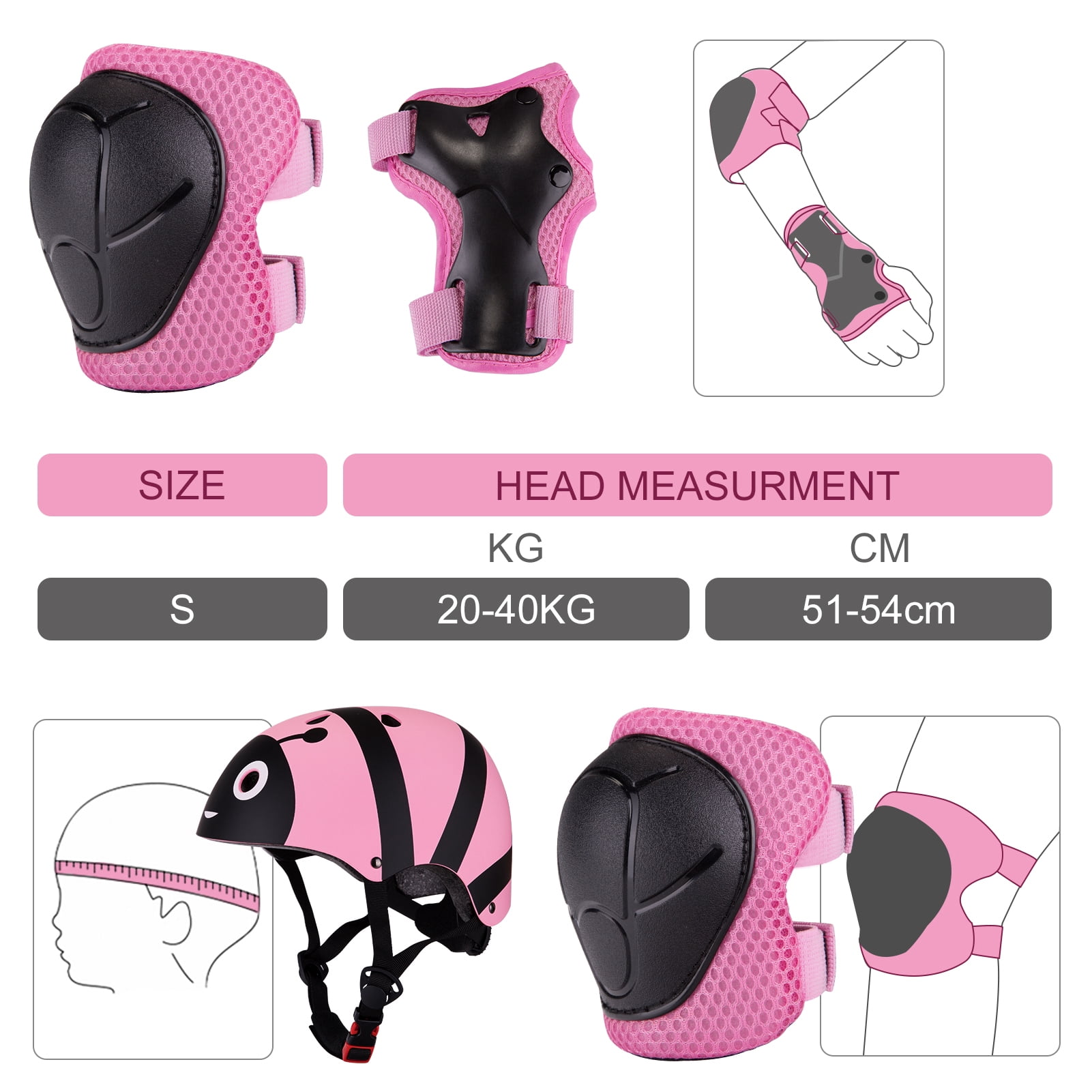 Wdmiya Kids Bike Helmet Toddler Helmet, Multi-Sport Protective Gear Set for 2-8 Years Boys Girls Child, Cycling Helmet with Knee Pads Elbow Pads Wrist Guards, Pink Bee