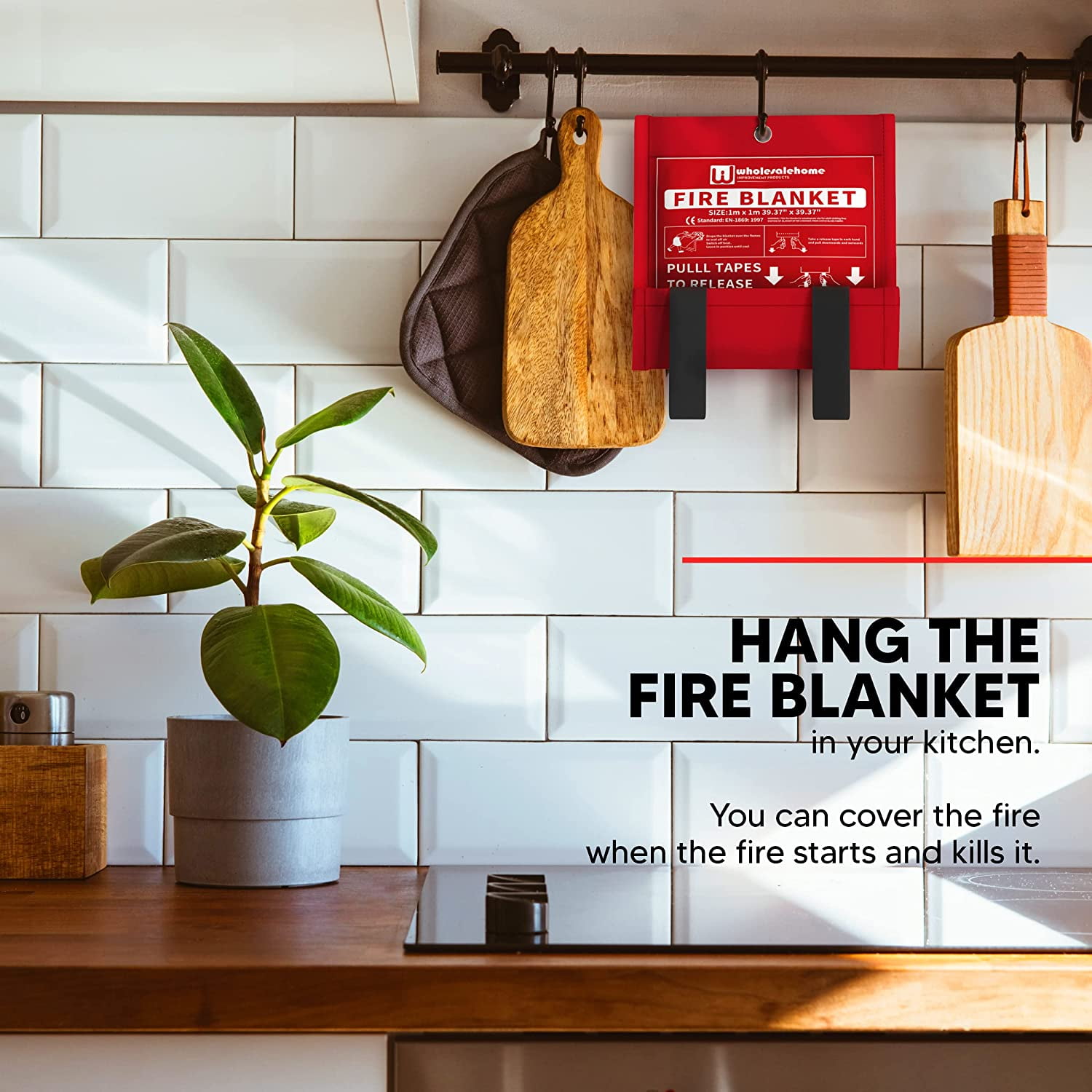 Wholesalehome Fire Extinguisher Blanket - Heavy Duty Portable Fiberglass Emergency Blanket - Puts Out Grill & Grease Flames - Safe & Reusable Survival Fire Safety for Home, Kitchen, Car, Camping 1x1m