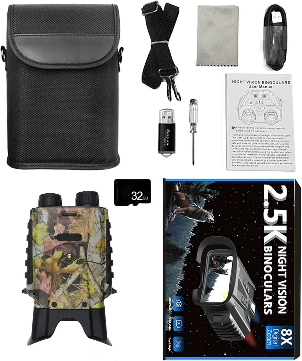 2.5K Full Color Night Vision Binoculars for Adults,3'' Night Vision Goggles,8X Digital Zoom,with 32GB Memory Card and 5200MAH Rechargeable Battery,Can Save Photos and Videos,Camouflage