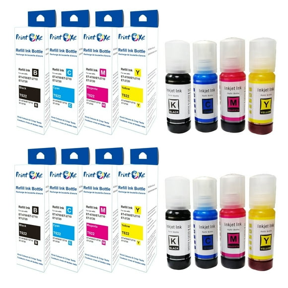 T522 Compatible 8 Ink Refill Bottles 2 Sets 522 Ink | Black T522120 | Cyan T522220 | Magenta T522320 | Yellow T522420 for Epson EcoTank Printers ET 1110 / 2710 / 2720 / 4700