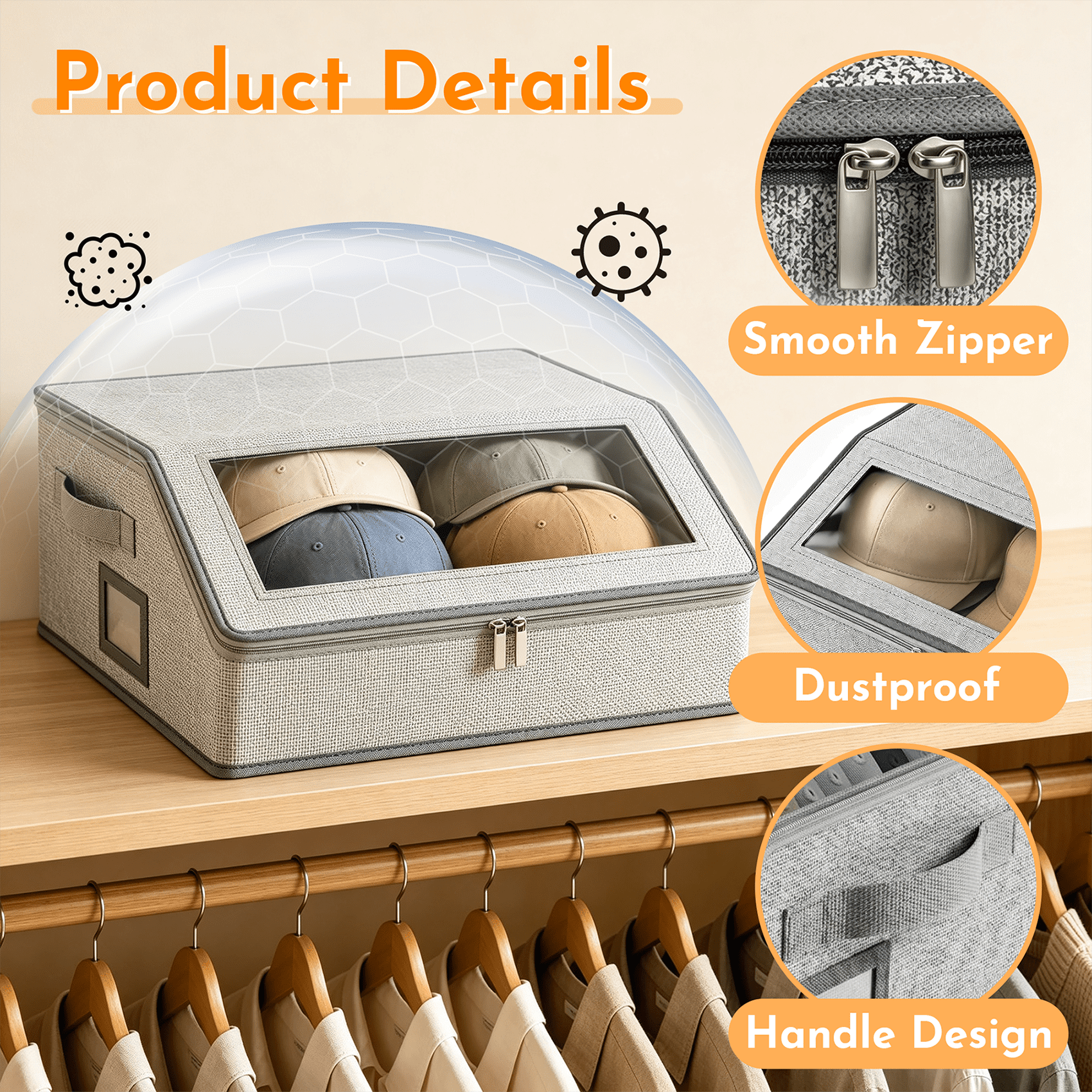 2‑Pack Hat Storage Organizer Box, Dustproof Baseball Cap Storage Container with Clear Window, Fabric Hat Holder for Closet, Wardrobe Hat Organizer for Baseball Caps