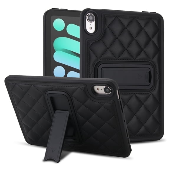 ELEHOLD Rugged Case for iPad mini 6/mini7, Luxury Quilted Shockproof Case with Multi-Angle Kickstand, Raised Edge Protection,Black