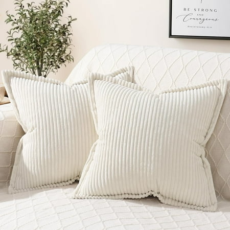

Mecatny Corduroy Pillow Covers 16x16 inch Set of 2 - Striped Throw Pillow Covers with Wide Border for Living Room Bed - Soft Square Decorative Pillow Covers for Couch - Cream White