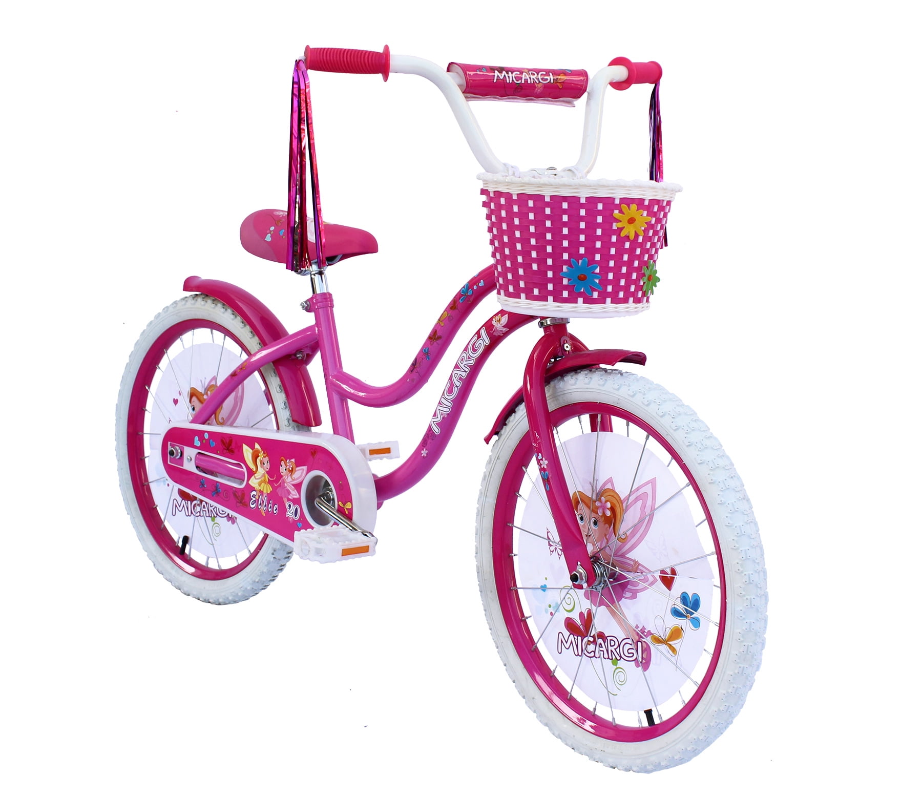USToyOutlet 20 In. Cruiser Steel Frame Bicycle Coaster Brake One Piece Crank, White, Pink Full cover Chain Guard, Pink Basket, Fenders and Rims, White Tire Kid's Bike - Pink and Hot Pink