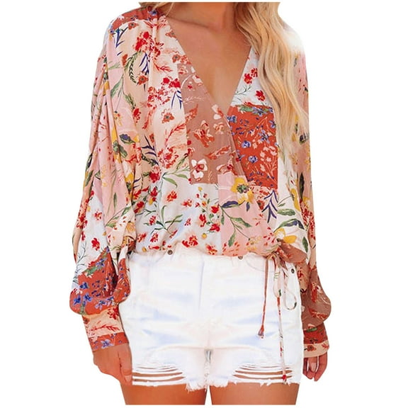 Womens Summer Tops,YANHAIGONG Women Long Sleeve Blouses Women's Fashion Loose Drawstring Hem Long Sleeve Print Tops Blouse V-neck Shirt Pullover