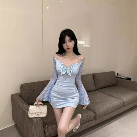 HHH Design Sense Elegant Halter Three-Dimensional Decoration Butterfly Slim Fit Slimming and Shoulder Hollow Sexy Hot Girl Hip Bag Pure Desire Dress