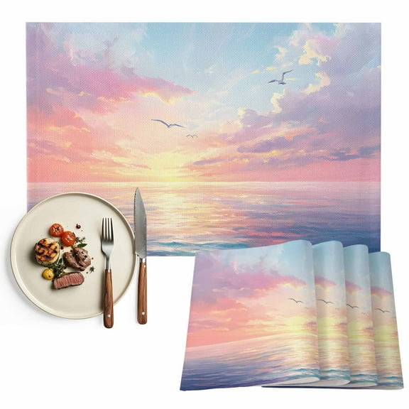 Coastal Placemats Set of 8, Ocean Sunset Seagull Table Mats Washable Heat-Resistant Non-Slip Place Mats for Kitchen Dinner Table Indoor Outdoor Decor,13x19 Inch Blue Pink Orange