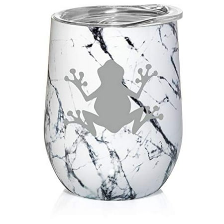 

12 oz Double Wall Vacuum Insulated Stainless Steel Marble Stemless Wine Tumbler Glass Coffee Travel Mug With Lid Frog (Black White Marble)