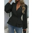 thumbnail image 6 of Women'S Elegant Solid Color Double Breasted Ruffle V-Neck Long Sleeved Shirt Black XXL, 6 of 8