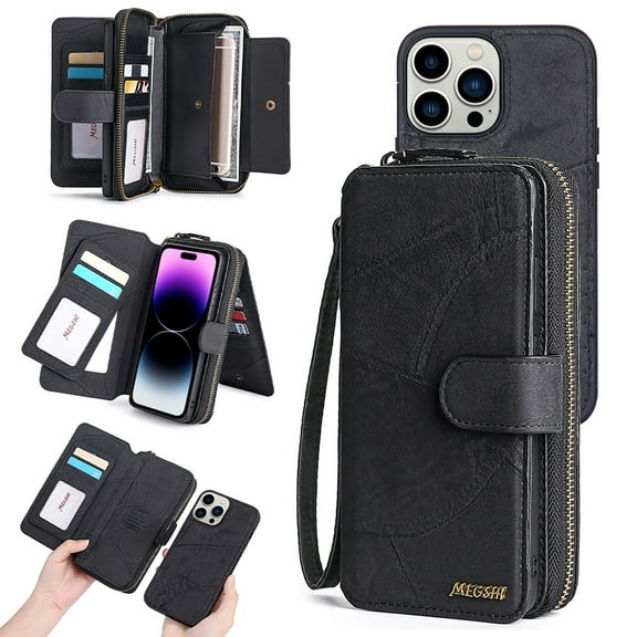 Feishell for iPhone 16 Pro Max Multi-Function Wallet Case, with Wrist Strap, Premium PU Leather 2 in 1 Magnetic Detachable Purse 14 Card Holder Slots Zipper Pocket Phone Case for Women Men,Black
