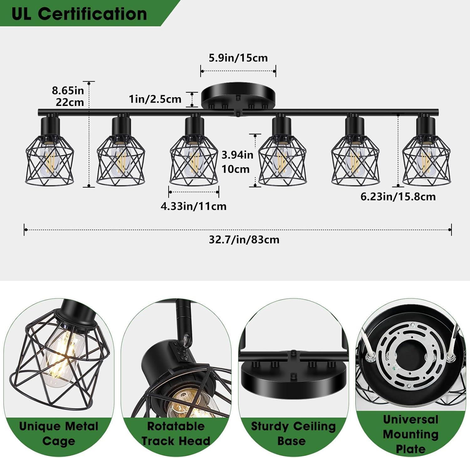 6-Light Track Lighting Kit Multi-Directional Ceiling Light Fixtures Kitchen Track Lighting Fixtures Flexibly Rotatable Light Head for Living Room, Dining Table, Foyer