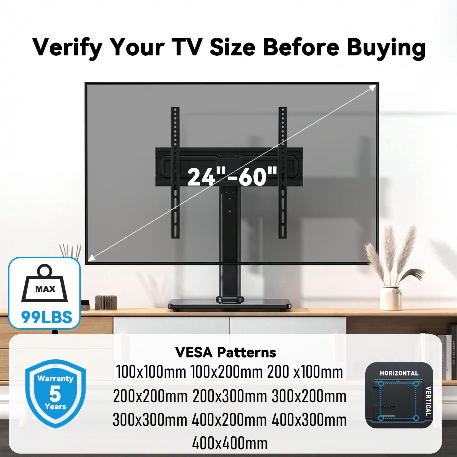 MountFTV Swivel Table Top TV Stand for 24-60 inch TVs, Holds up to 88lbs, Max 400x400mm, 50 degrees Swivels Adjustable Tabletop TV Stand with Tempered Glass Base