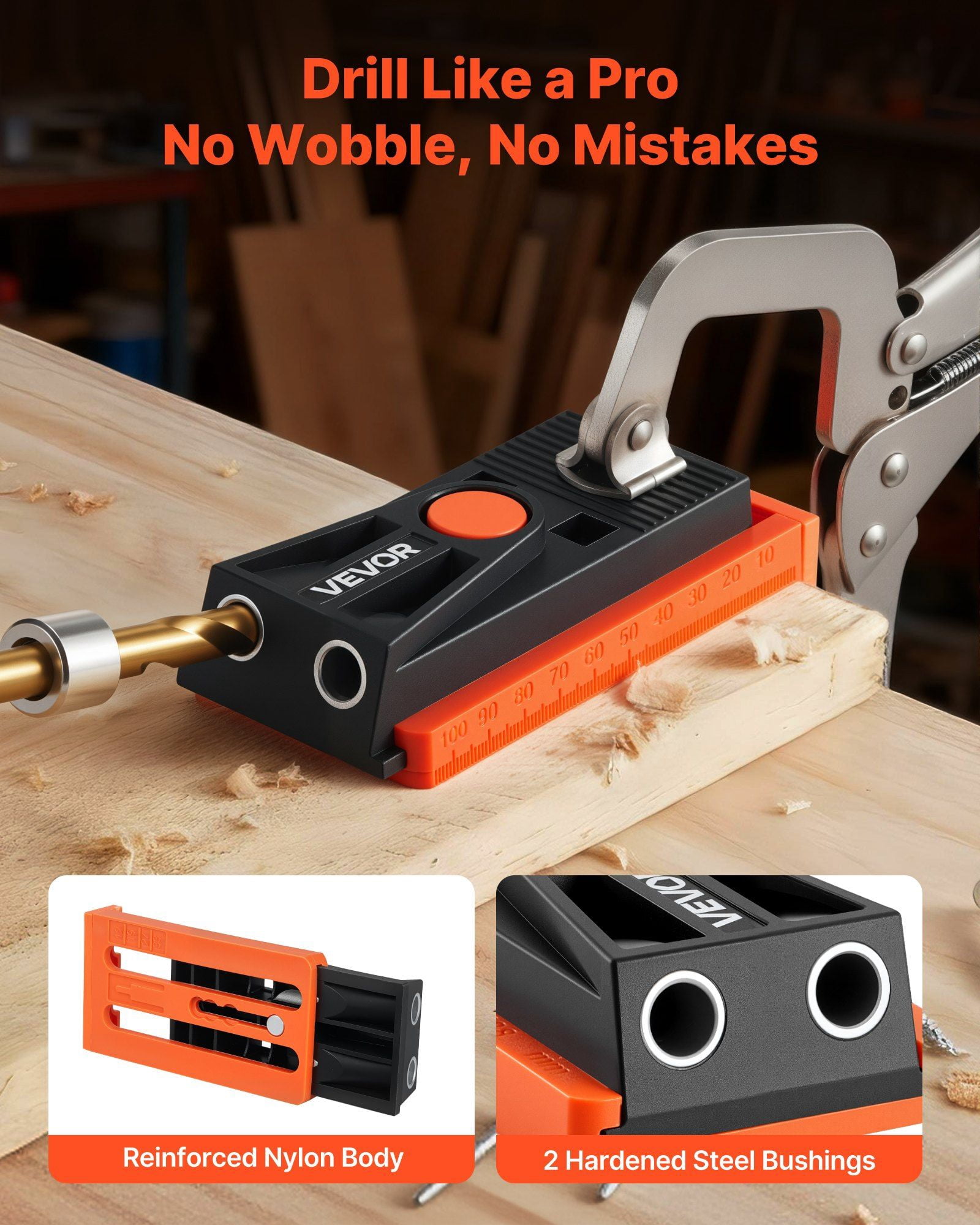 Pocket Hole Jig Kit Adjustable 0.5 to 1.5 Inch with Step Drill Hex Wrench Drill Stop Ring Square Drive Bit Screws Reinforced Nylon Frame for Woodworking
