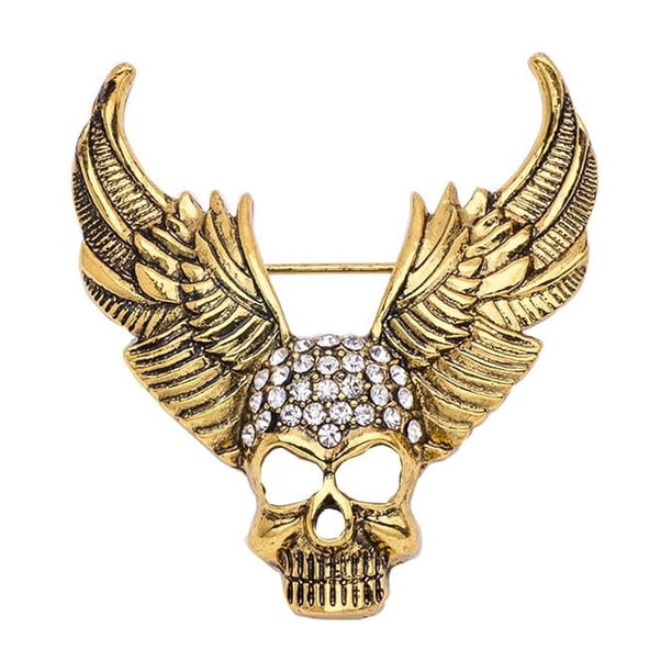 Broche gótico de calavera con cristales transparentes y diamantes de imitación, estilo punk, para Halloween. Oro