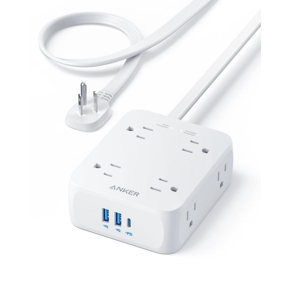 Anker Surge Protector Regleta de enchufe plano 2000J, cable de extensión delgado de 5 pies con 8 salidas, 2 puertos USB A y 1 puerto USB C, 20 W para iPhone15, montaje en pared, compacto para el hogar