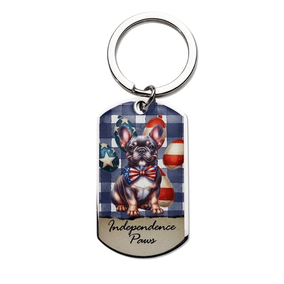 Patriotic French Bulldog 4th of July Independence Paws Stainless Steel Keychain Dog Lover Gifts Collar Charm Tag Keyring - 02010