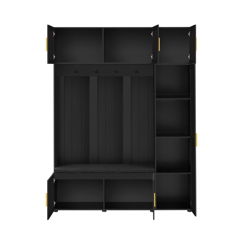4-in-1 Hall Tree with Padded Bench and Storage Cabinets, Entryway Coat Rack with 4 Hooks and Multi-Tier Storage Shelves, Mudroom Bench Shoe Organizer for Living Room Hallway