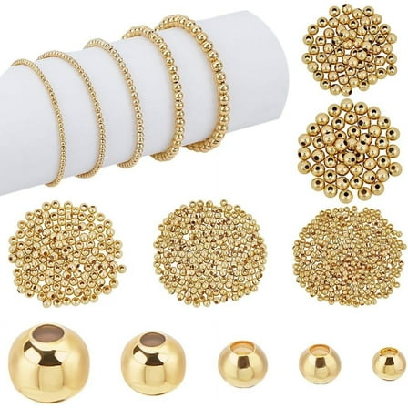 695pcs 18K Gold Spacer Beads 5 Sizes Seamless Smooth Beads 2/2.5/3/4/5mm Loose Bead Tiny Ball Bead for Summer Hawaii Layered Necklace Bracelet Jewelry Making diy