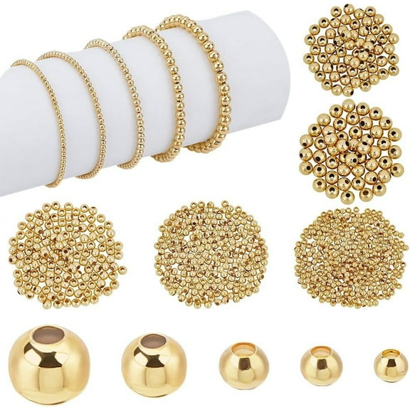 695pcs 18K Gold Spacer Beads 5 Sizes Seamless Smooth Beads 2/2.5/3/4/5mm Loose Bead Tiny Ball Bead for Summer Hawaii Layered Necklace Bracelet Jewelry Making diy