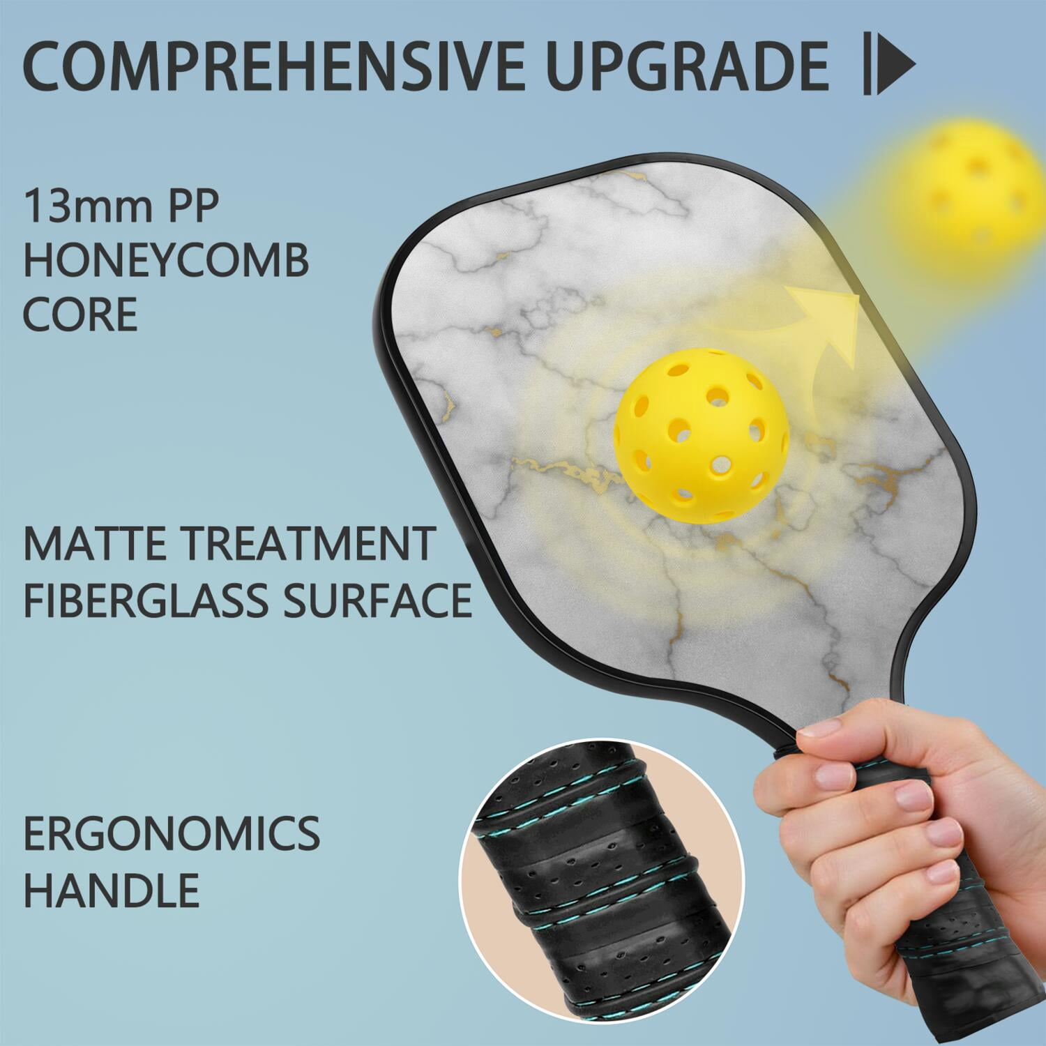Pickleball Paddles Set Of 2, Fiberglass Surface, Turquoise Marble Pattern, 4 Balls & Bag
