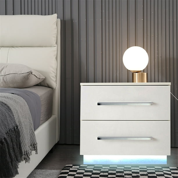 LED Nightstand Modern Light Yellow Nightstand with Led Lights Particle Board Bedside Table